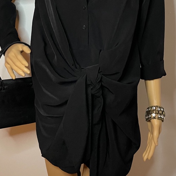Black sheen lightweight button down long sleeve dress w/ bow tie in the front! - Picture 7 of 14